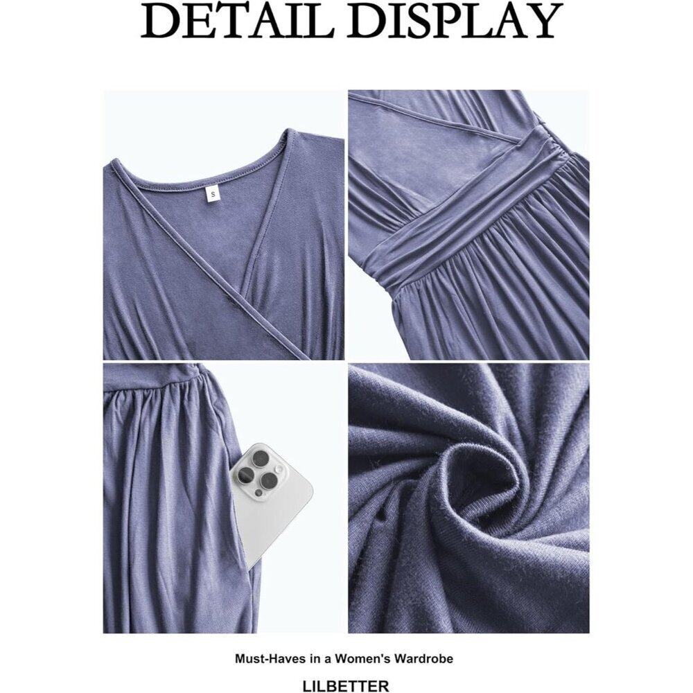 Women Purple Grey Deep V Neck Sleeveless Loose Plain Long Maxi Stretchy Dress - Picture 3 of 6
